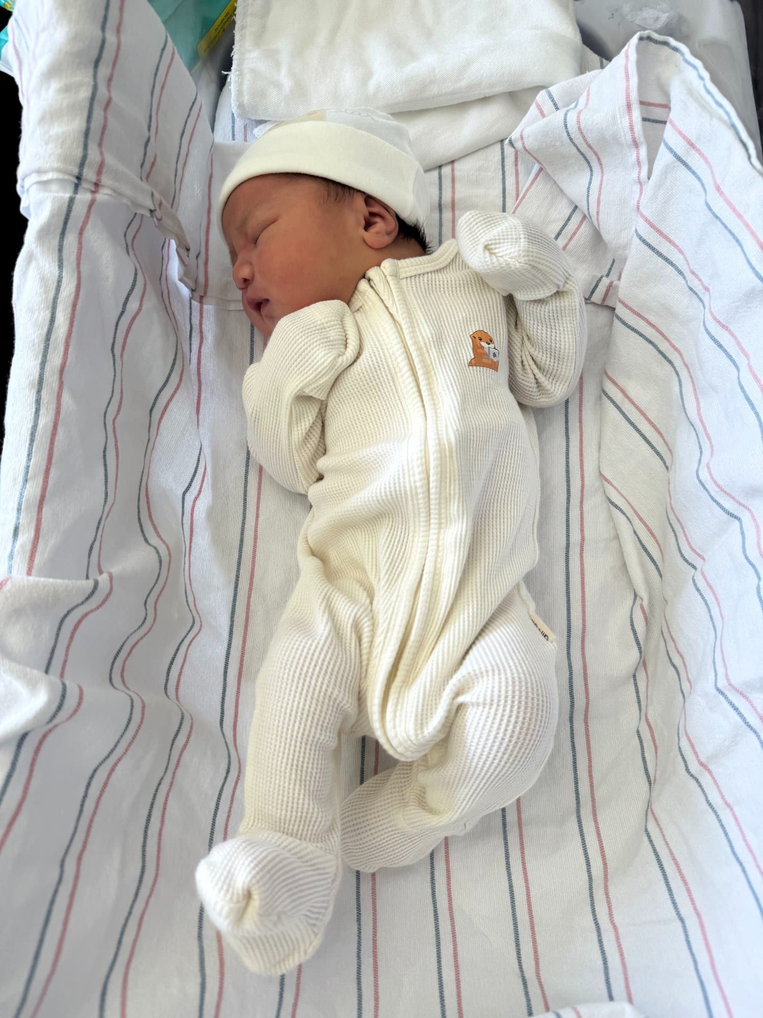 Willy’s newborn swaddled in a Devin onesie
