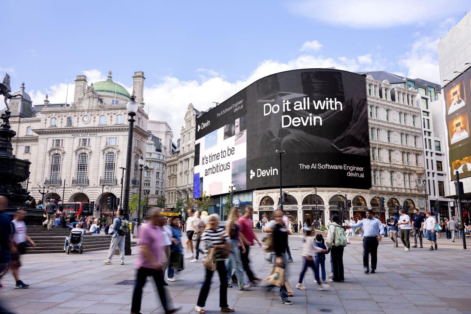 Devin billboards reading “Do it all with Devin” at Piccadilly Circus in London